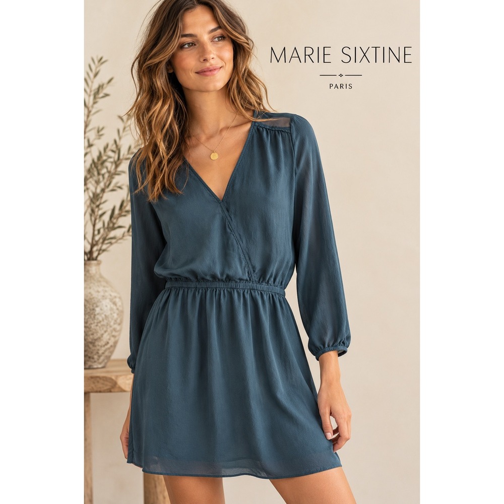 Marie Sixtine Paris Teal Blue Silk Trim Surplice V-Neck Mini Dress Size Small